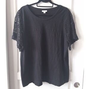 J. Jill Women XL Black Cotton Crochet Lace Short Sleeve Top Coastal Lace Boho